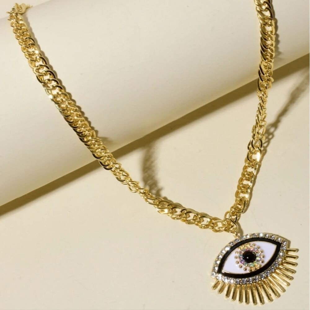 Gold‎ Rhinestone Accent Eye Necklace